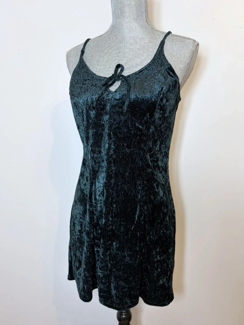 Vintage 90s Crushed Velvet Slip Dress Forest Green Rockstar Chic Mini Dress - Picture 2 of 9
